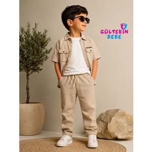 Ecco Erkek Müslin Kumaş Gömlekli Jogger Pantolonlu Üçlü Takım 9-12 Yaş -DÜ3908820 - BEJ