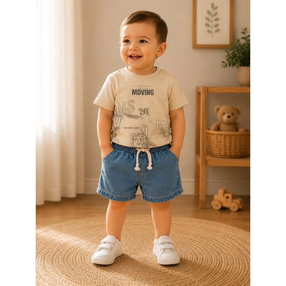Mina Mino Baby Baskılı Kot Şortlu Erkek İkili Takım 2-5 Yaş-BA26204212 - BEJ