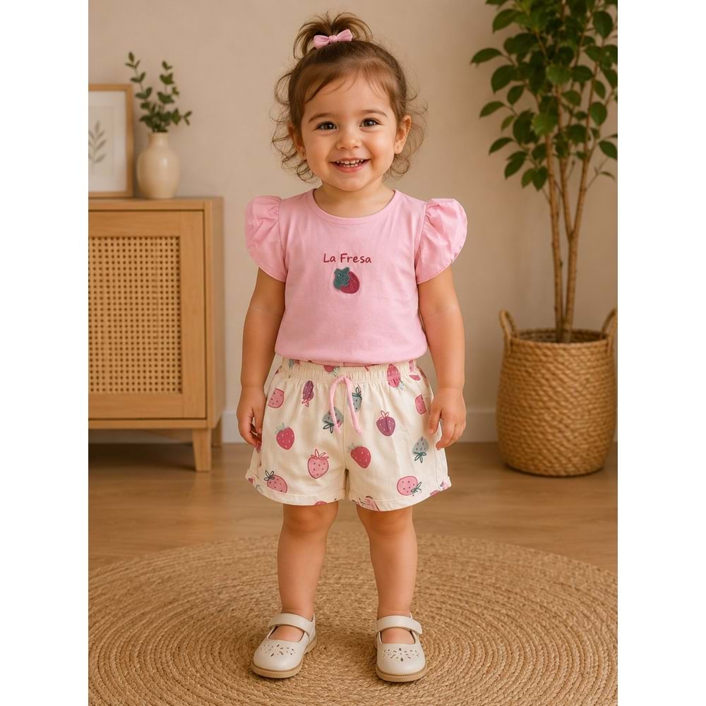 Wow Çilek Nakışlı Baskılı Kız Şortlu İkili Takım 1-4 Yaş -BA10970165 - AÇIK PEMBE