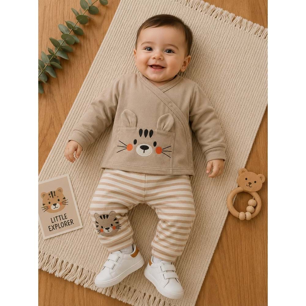 Agucuk Baby Çizgili Tavşanlı Erkek 3 Lü Zıbın Takım 0-3 Aylık -BA20362240 - AÇIK KAHVE