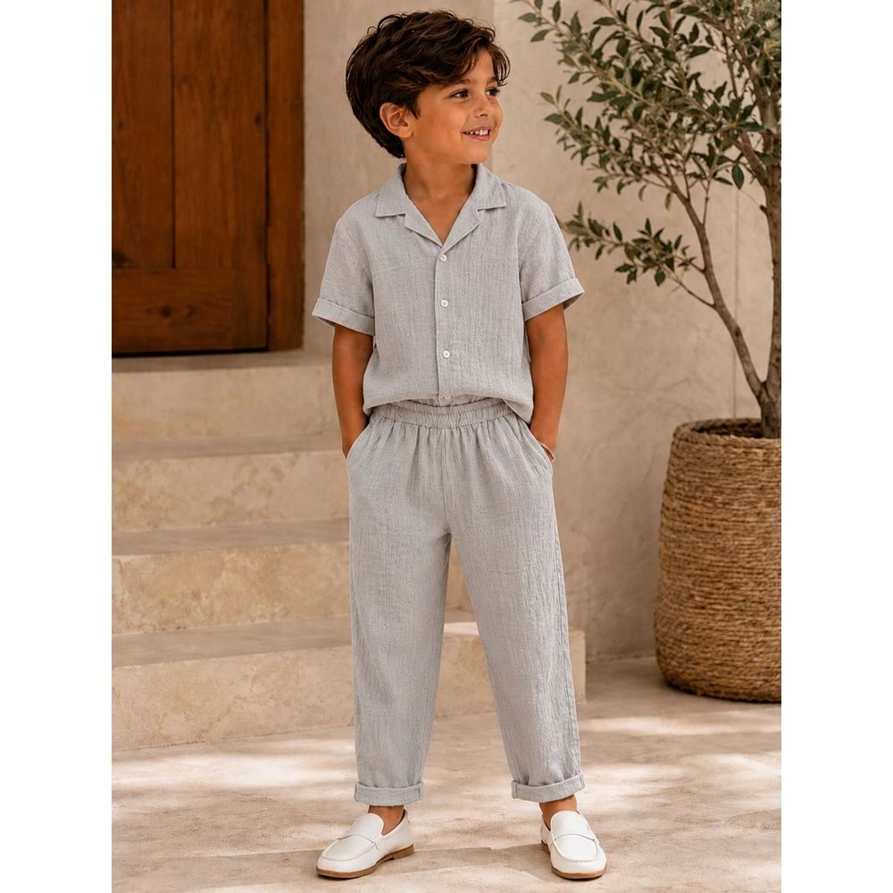 Nardanlı Müslim Kumaş Jogger Pantolonlu Takım 6-10 Yaş -NA6200480 - AÇIK GRİ