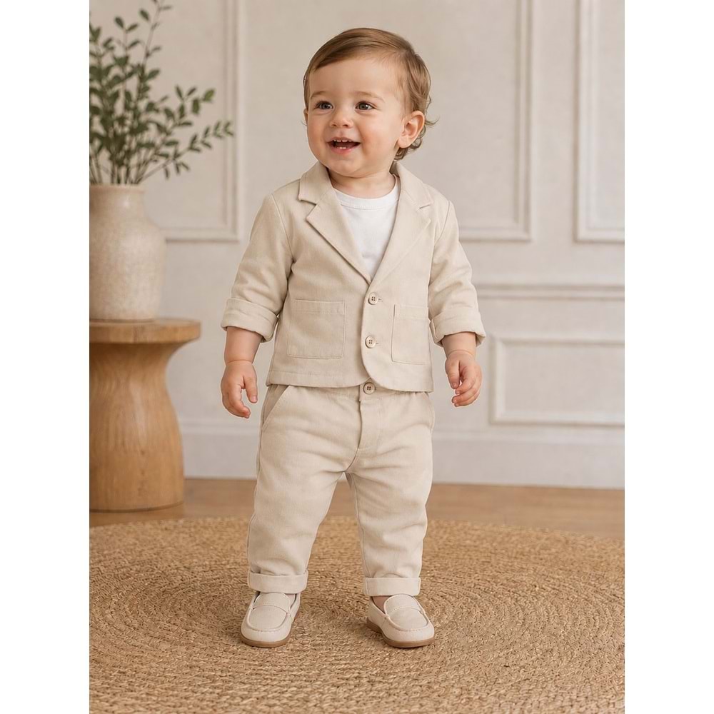 Dmb Erkek 3 lü Ceketli Keten Kumaş Takım 1-3 Yaş -DM4040680 - BEJ