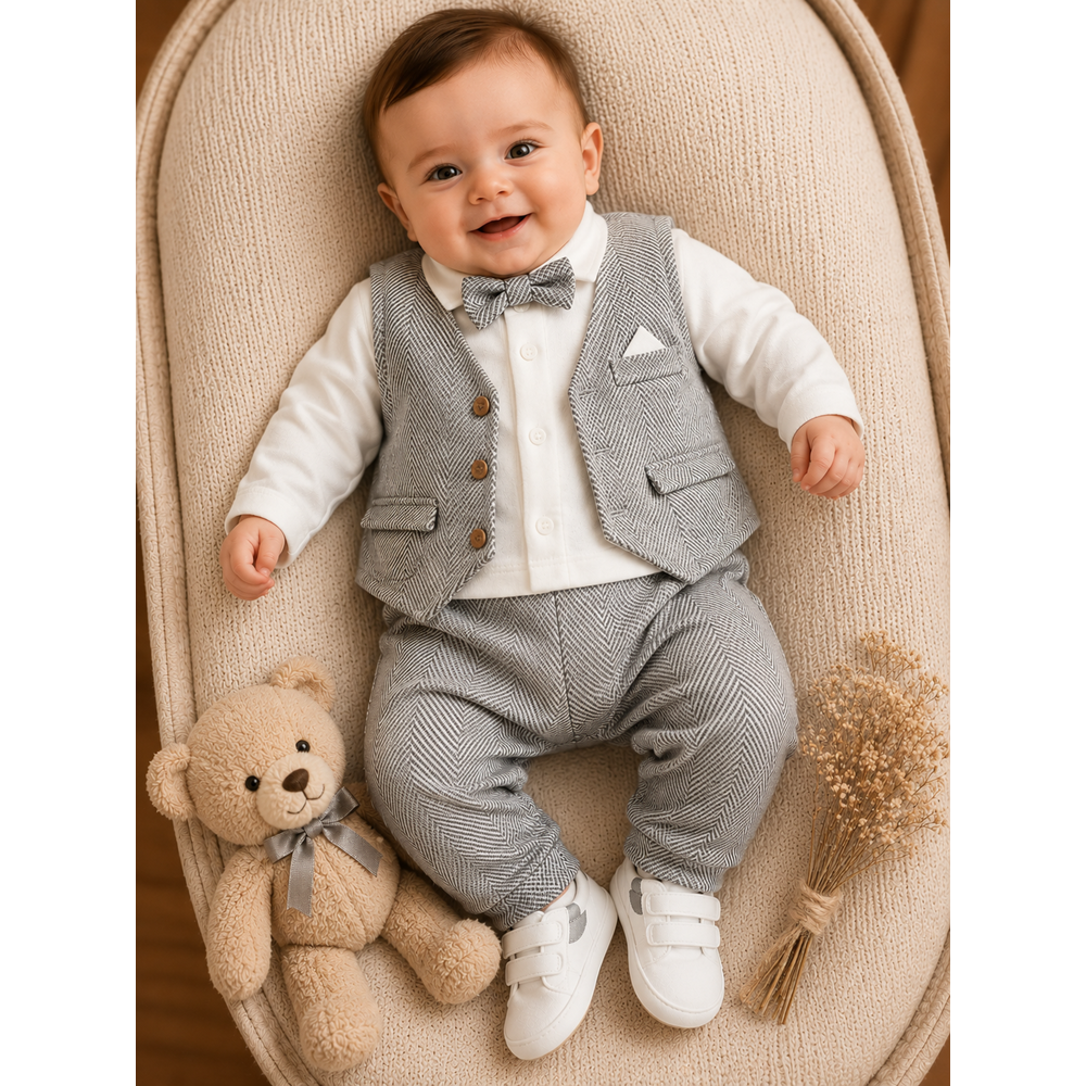 Mini Pakel Mendilli Yelekli Erkek Üçlü Takım 3-12 Aylık -BA1507309 - GRİ