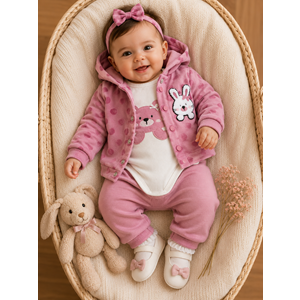 Mini Pakel Tavşan Kadife Desenli Kız Üçlü Takım 3-12 Aylık -BA1517300 - GÜL KURUSU