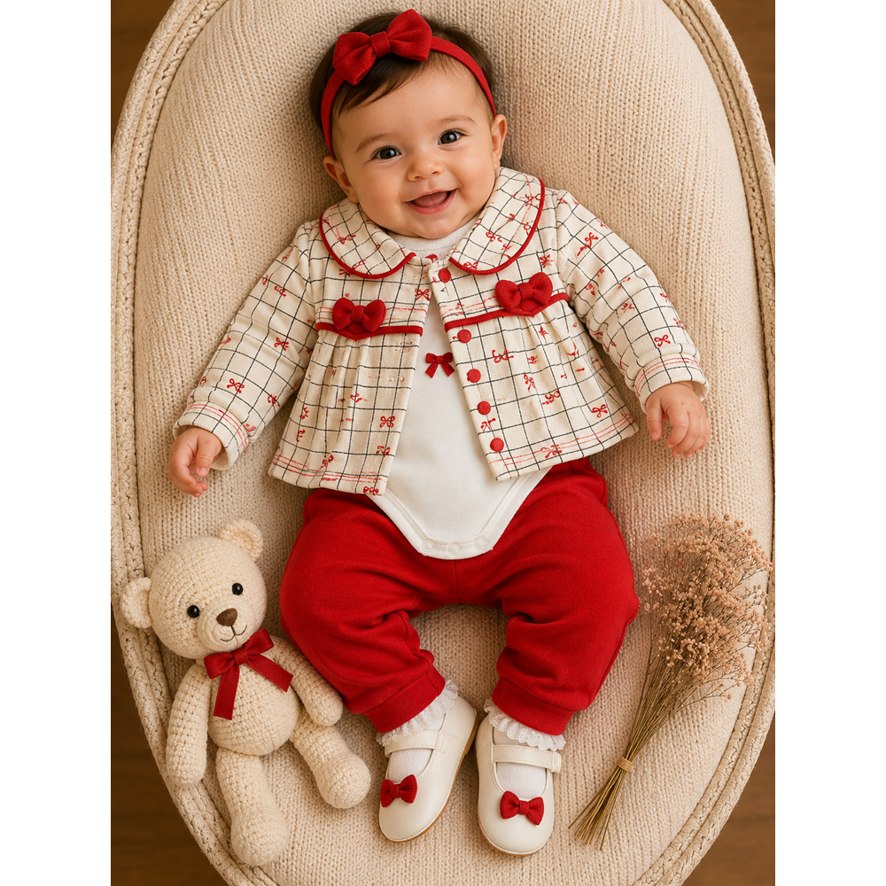 Mini Pakel Fiyonklu Üçlü Kız Takım 3-12 Aylık -BA1522288 - KIRMIZI