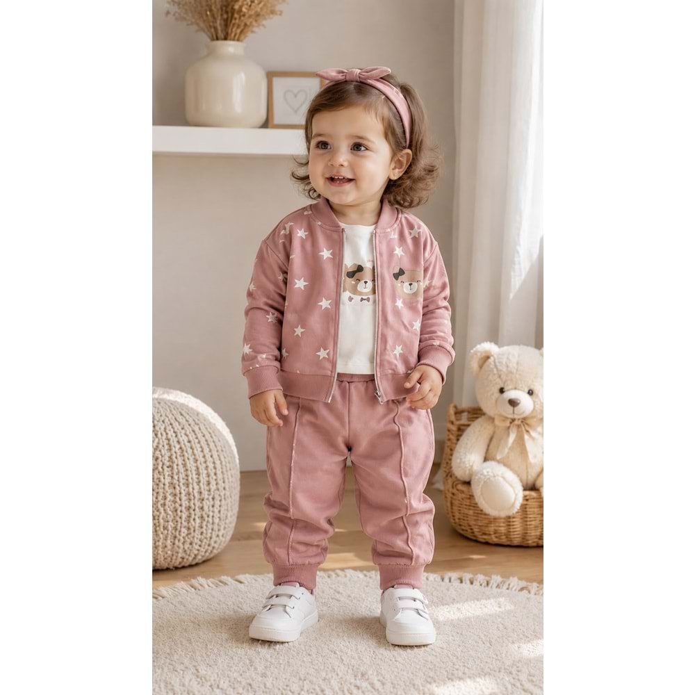 Yakup Bebe Kız Hırkalı Üçlü Takım 1-4 Yaş -BA656335 - GÜL KURUSU