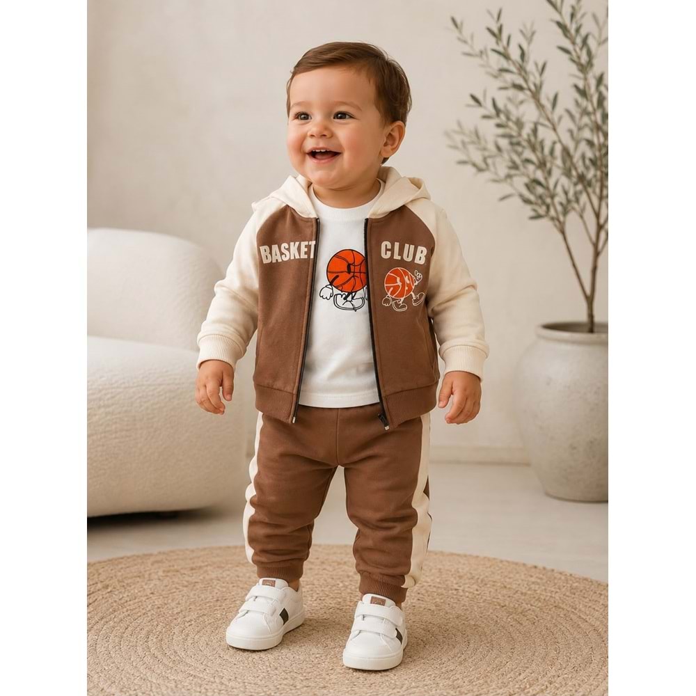 Yakup Bebe Erkek Fermuarlı Hırka Üçlü Takım 1-4 Yaş -BA653311 - KAHVERENGİ