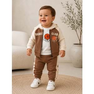 Yakup Bebe Erkek Fermuarlı Hırka Üçlü Takım 1-4 Yaş -BA653311 - KAHVERENGİ
