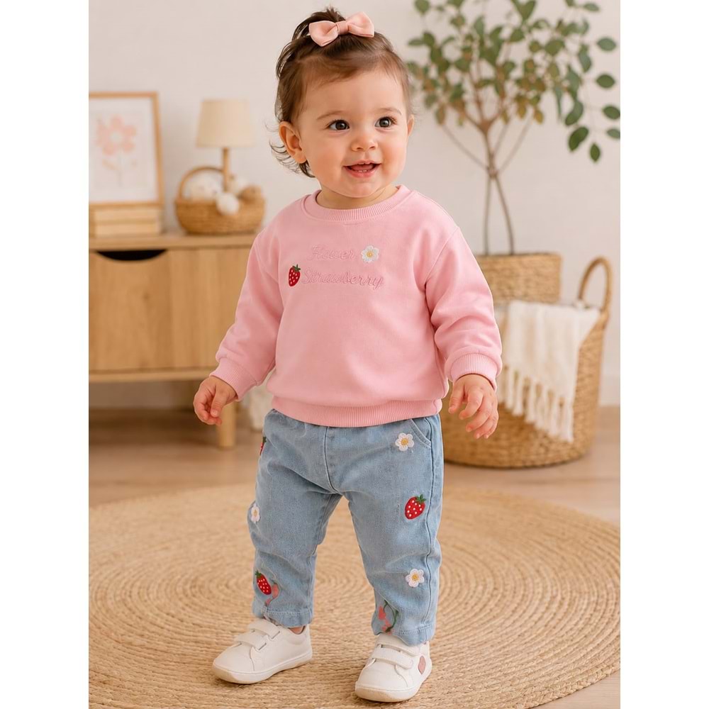 Baby Bu Çilek Nakışlı Kot Pantolonlu İkili Takım 9-24 Aylık -BAY0398300 - PEMBE