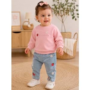 Baby Bu Çilek Nakışlı Kot Pantolonlu İkili Takım 9-24 Aylık -BAY0398300 - PEMBE