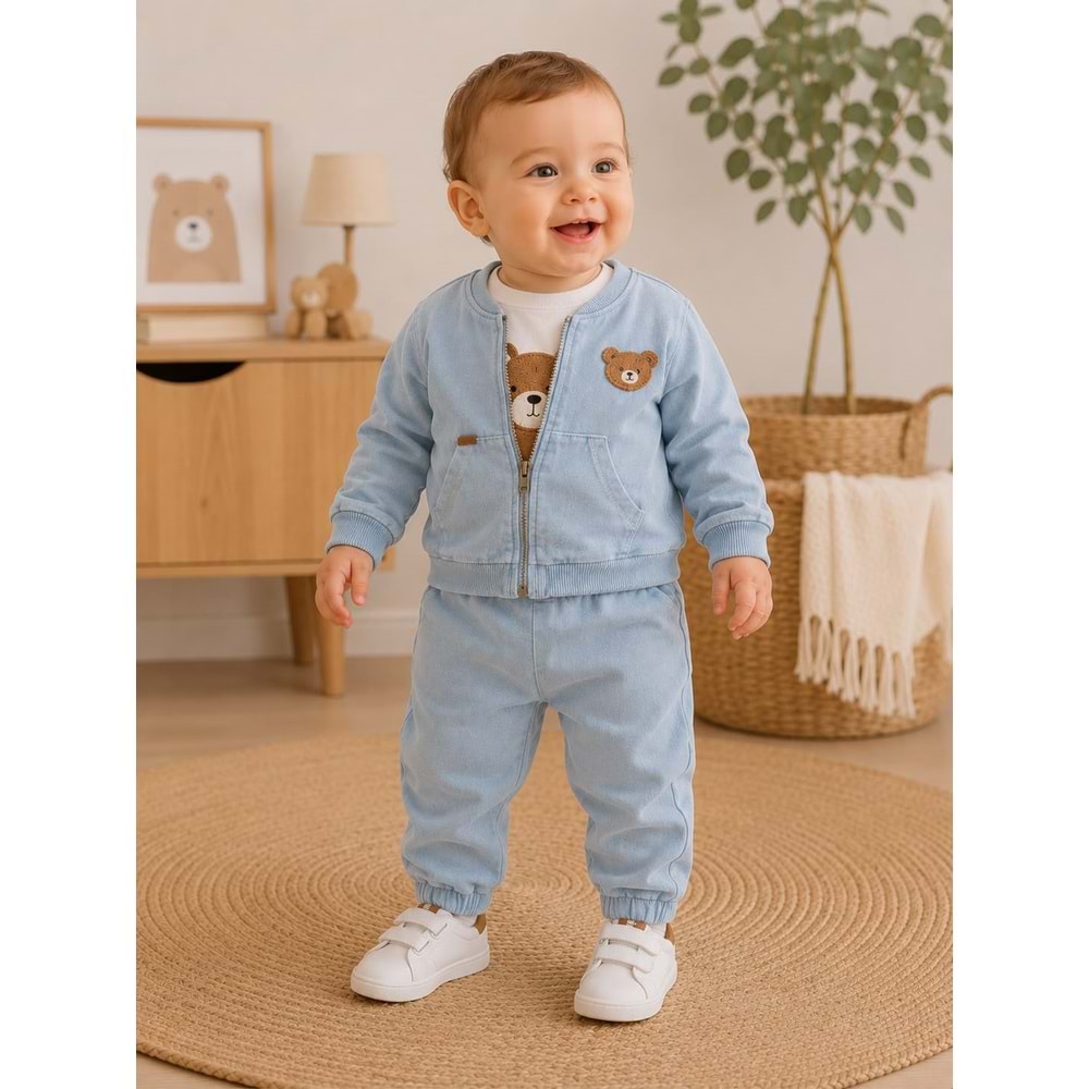 Baby Bu Ayı Nakışlı Kot Ceketli Erkek 3 Lü Takım 6-24 Aylık -BAY0391338 - AÇIK MAVİ