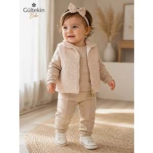 Hippıl Baby Papatya Baskılı Yelekli Kız Üçlü Takım 6-12 Aylık -BAY5259513 - BEJ