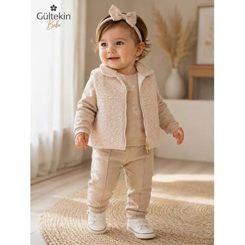 Hippıl Baby Papatya Baskılı Yelekli Kız Üçlü Takım 6-12 Aylık -BAY5259513 - BEJ
