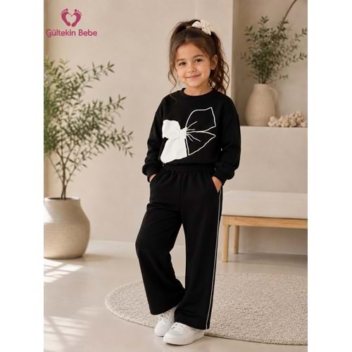 Lumia Baby Fiyonk Baskılı Kız İkili Eşofman Takım 2-5 Yaş -KAY4401345 - SİYAH