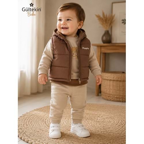 Hippıl Baby Ayıcık Nakışlı Erkek Üçlü Takım 6-18 Aylık -BAY5100492 - KAHVERENGİ