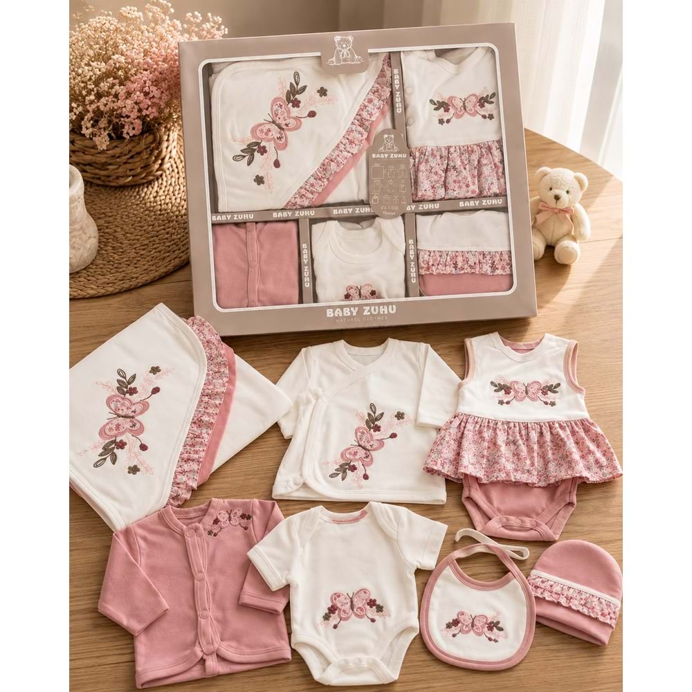 Baby Zuhu Çiçek Kelebek Nakışlı Kız 10 Lu Hastane Çıkışı -KAY2093654 - KOYU PEMBE