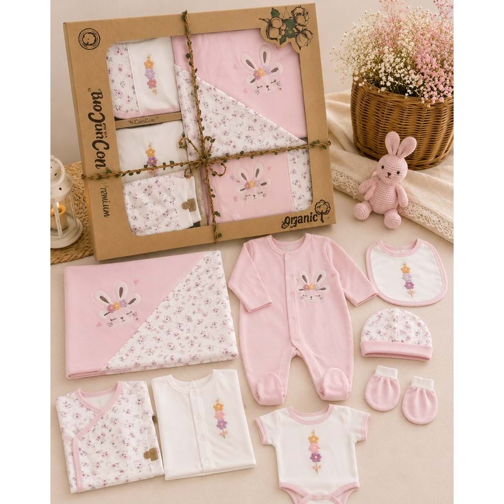 Concon Baby Tavşan Çiçek Nakışlı Kız 10 Lu Hastane Çıkışı -KAY1674605 - PEMBE