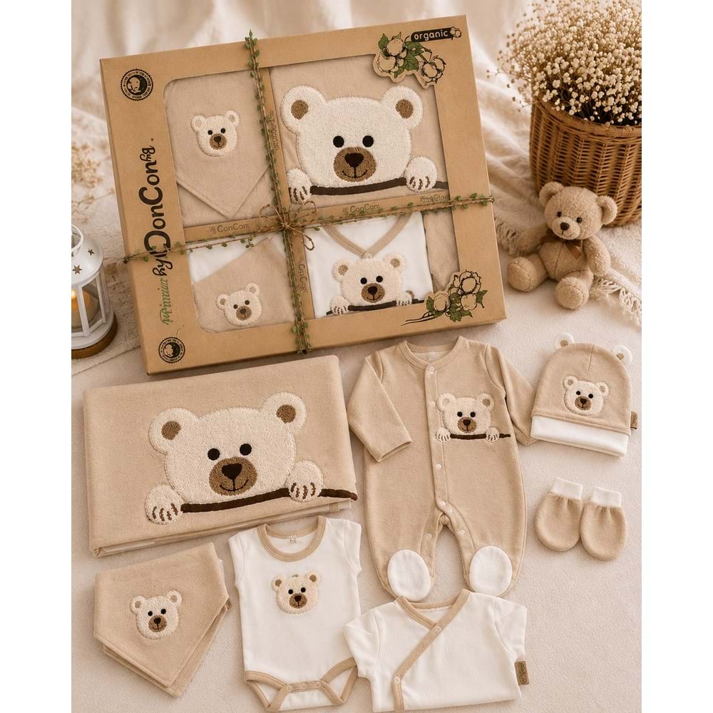 Concon Baby Organik Panda Nakışlı Lüx Erkek 10 Lu Hastane Çıkışı-KAY1661608 - AÇIK KAHVE