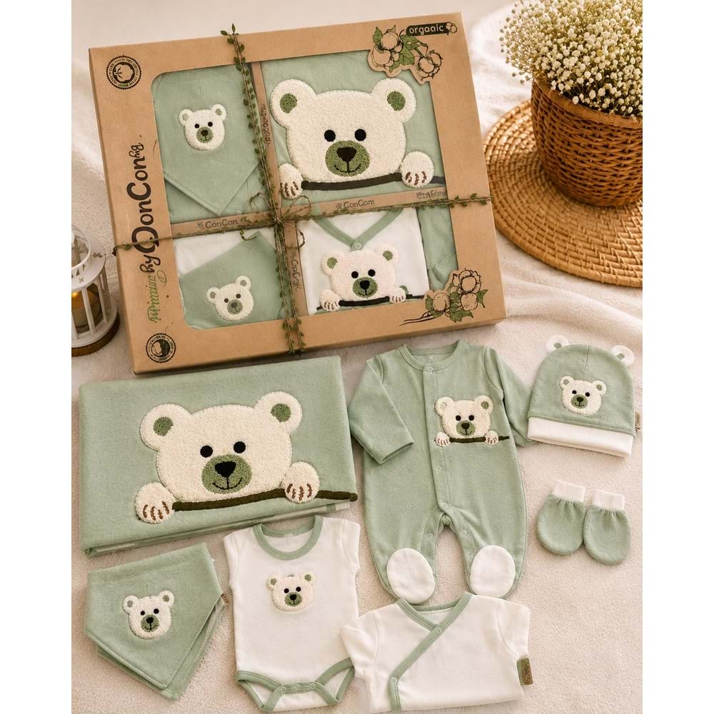 Concon Baby Organik Panda Nakışlı Lüx Erkek 10 Lu Hastane Çıkışı-KAY1661608 - YEŞİL