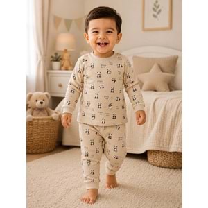 Miniworld Panda Baskılı Sıfır Yaka Erkek Pijama Takımı 6-24 Aylık -BAY18834155 - BEJ