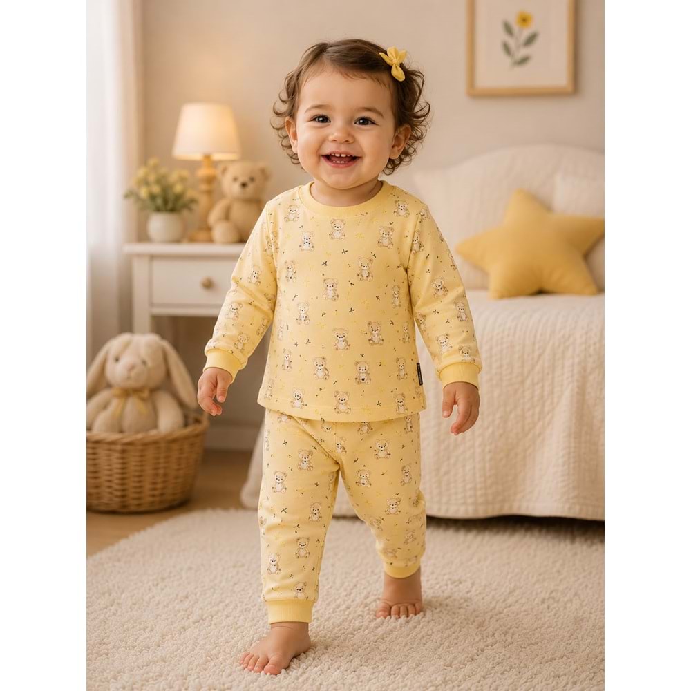 Miniworld Ayıcık Baskılı Sıfır Yaka Kız Pijama Takımı 6-24 Aylık -BAY18727155 - SARI
