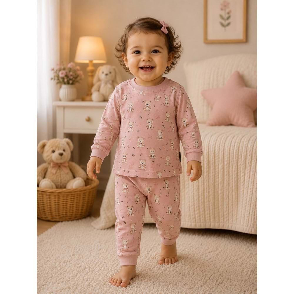 Miniworld Ayıcık Baskılı Sıfır Yaka Kız Pijama Takımı 3-6 Yaş -BAY17512189 - GÜL KURUSU