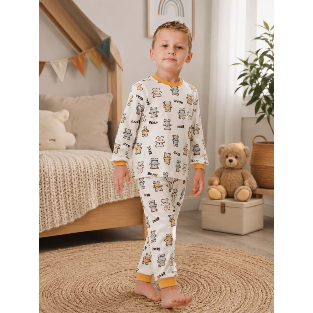 Miniworld Bear Baskılı Sıfır Yaka Erkek Pijama Takımı 3-6 Yaş -BAY17524189 - HARDAL