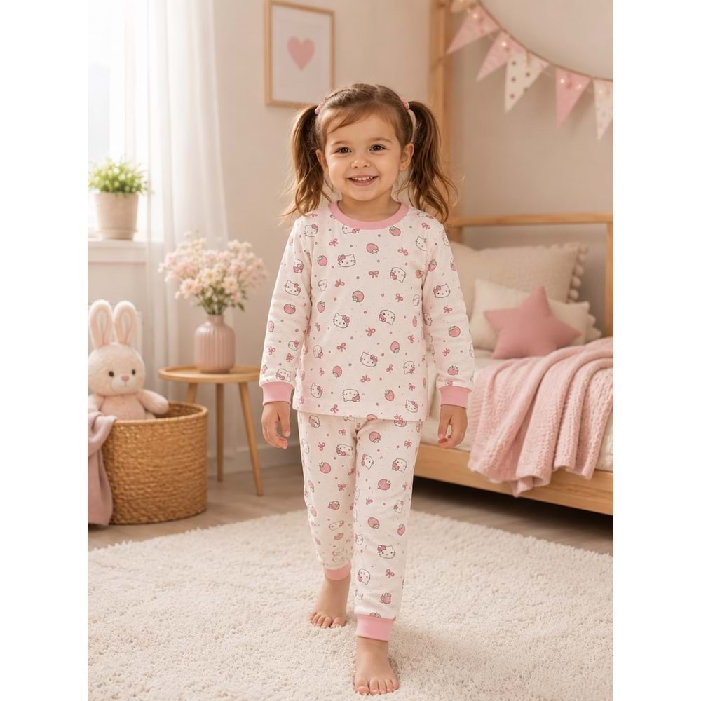 Miniworld Çilekli Kedi Baskılı Sıfır Yaka Kız Pijama Takımı 6-9 Aylık -BAY18827155 - PEMBE