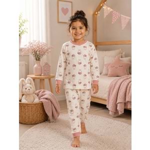 Miniworld Papatyalı Tavşan Baskılı Sıfır Yaka Kız Pijama Takımı 3-6 Yaş -BAY17550189 - GÜL KURUSU