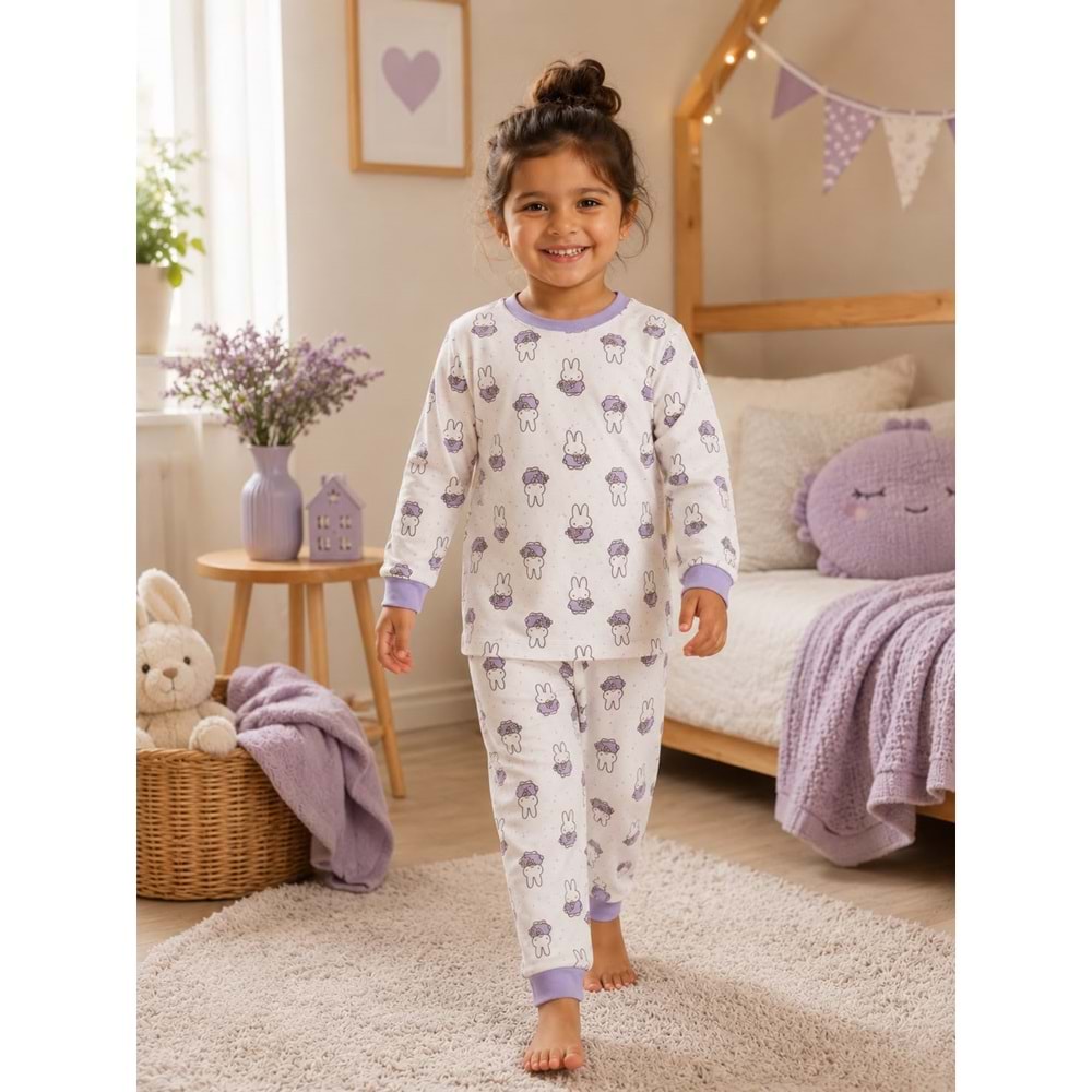 Miniworld Papatyalı Tavşan Baskılı Sıfır Yaka Kız Pijama Takımı 3-6 Yaş -BAY17550189 - LİLA