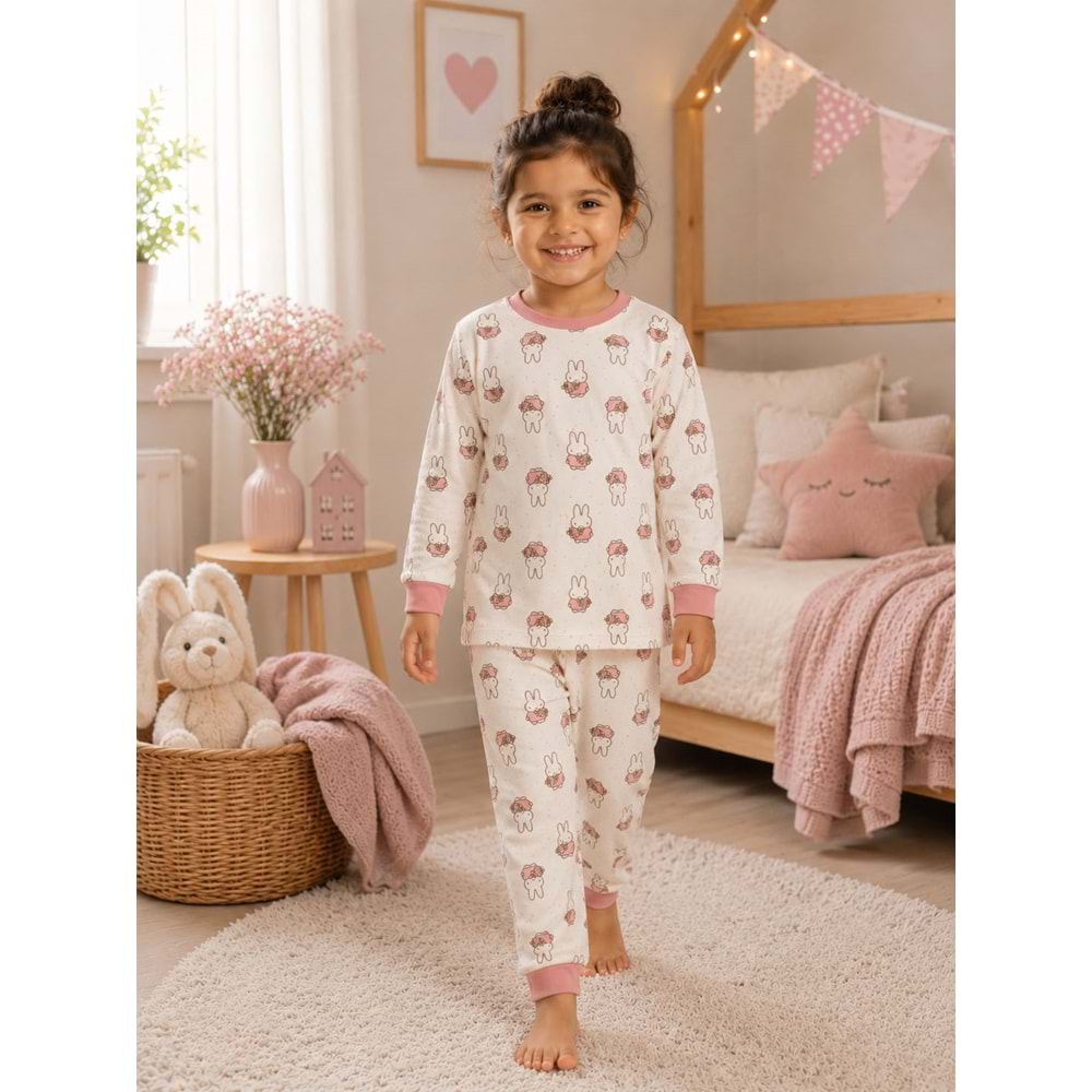 Miniworld Papatyalı Tavşan Baskılı Sıfır Yaka Kız Pijama Takımı 6-9 Aylık -BAY18825155 - GÜL KURUSU