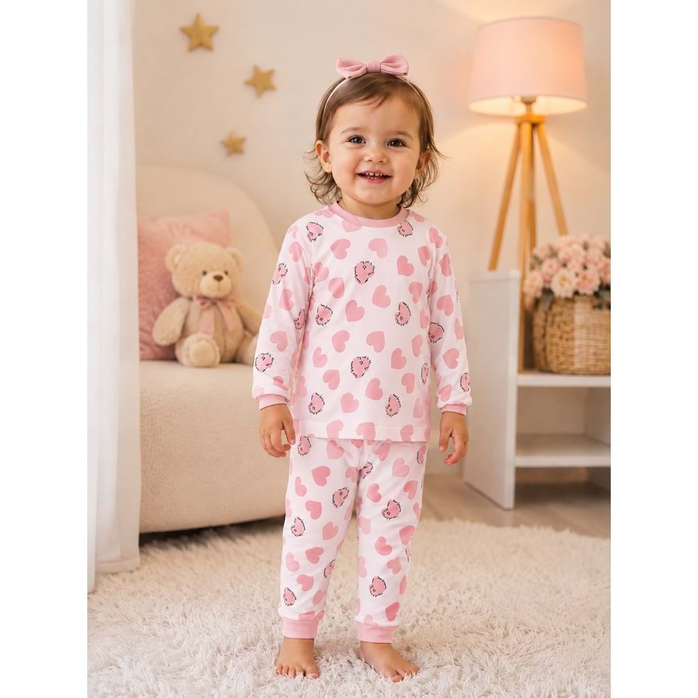 Miniworld Kalp Baskılı Sıfır Yaka Kız Pijama Takımı 6-24 Aylık -BAY18731155 - AÇIK PEMBE