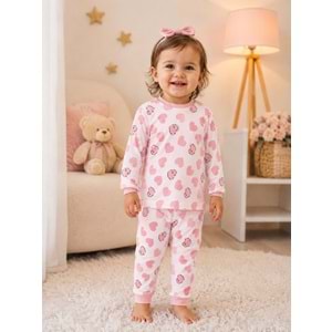 Miniworld Kalp Baskılı Sıfır Yaka Kız Pijama Takımı 6-24 Aylık -BAY18731155 - AÇIK PEMBE
