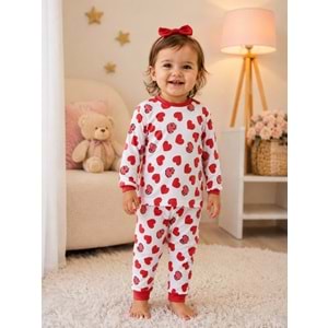 Miniworld Kalp Baskılı Sıfır Yaka Kız Pijama Takımı 6-24 Aylık -BAY18731155 - KIRMIZI