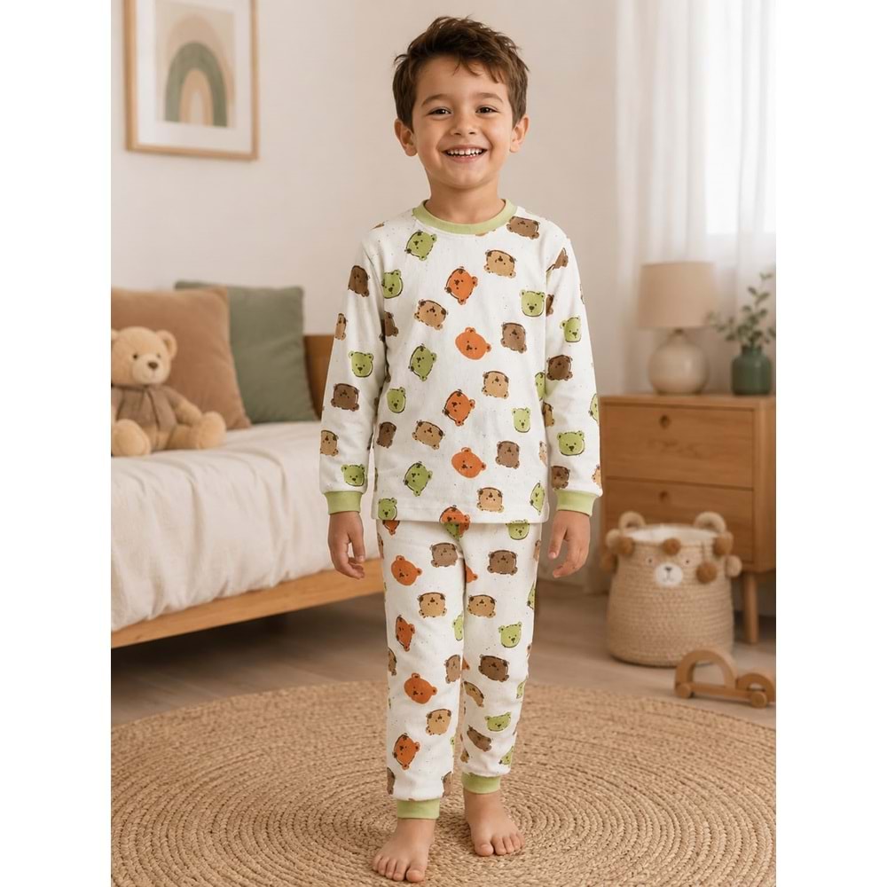 Miniworld Renkli Ayıcık Baskılı Sıfır Yaka Erkek Pijama Takımı 3-6 Yaş -BAY17560189 - YEŞİL