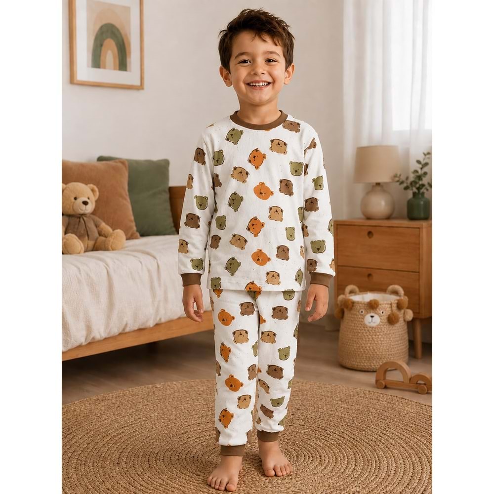 Miniworld Renkli Ayıcık Baskılı Sıfır Yaka Erkek Pijama Takımı 6-9 Aylık -BAY18835155 - KAHVERENGİ
