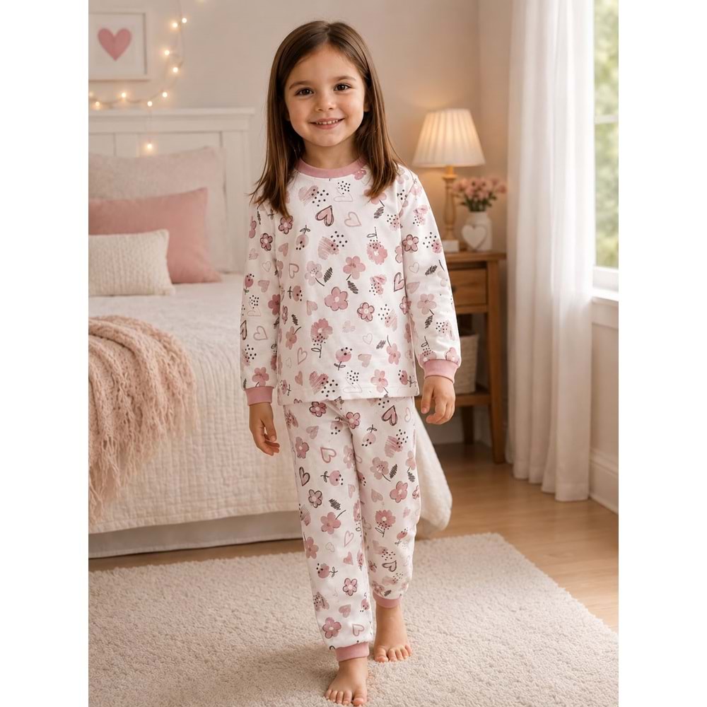 Miniworld Çiçek Kalp Baskılı Sıfır Yaka Kız 3-6 Yaş Pijama Takımı -BAY17551189 - GÜL KURUSU