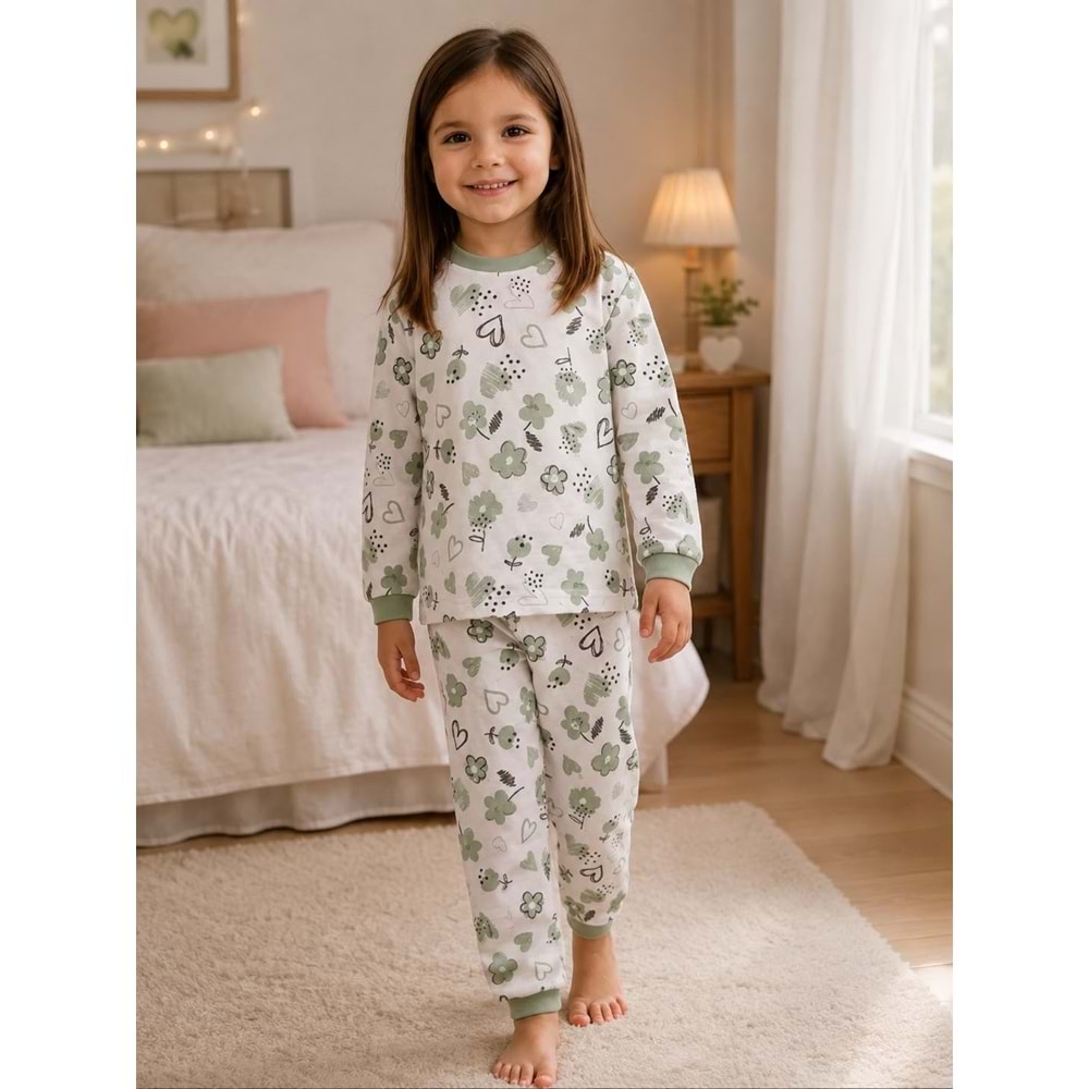 Miniworld Çiçek Kalp Baskılı Sıfır Yaka Kız 3-6 Yaş Pijama Takımı -BAY17551189 - SU YEŞİLİ