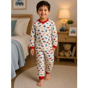 Miniworld Araba Baskılı Sıfır Yaka Erkek 3-6 Yaş Pijama Takımı -BAY17562189 - KIRMIZI