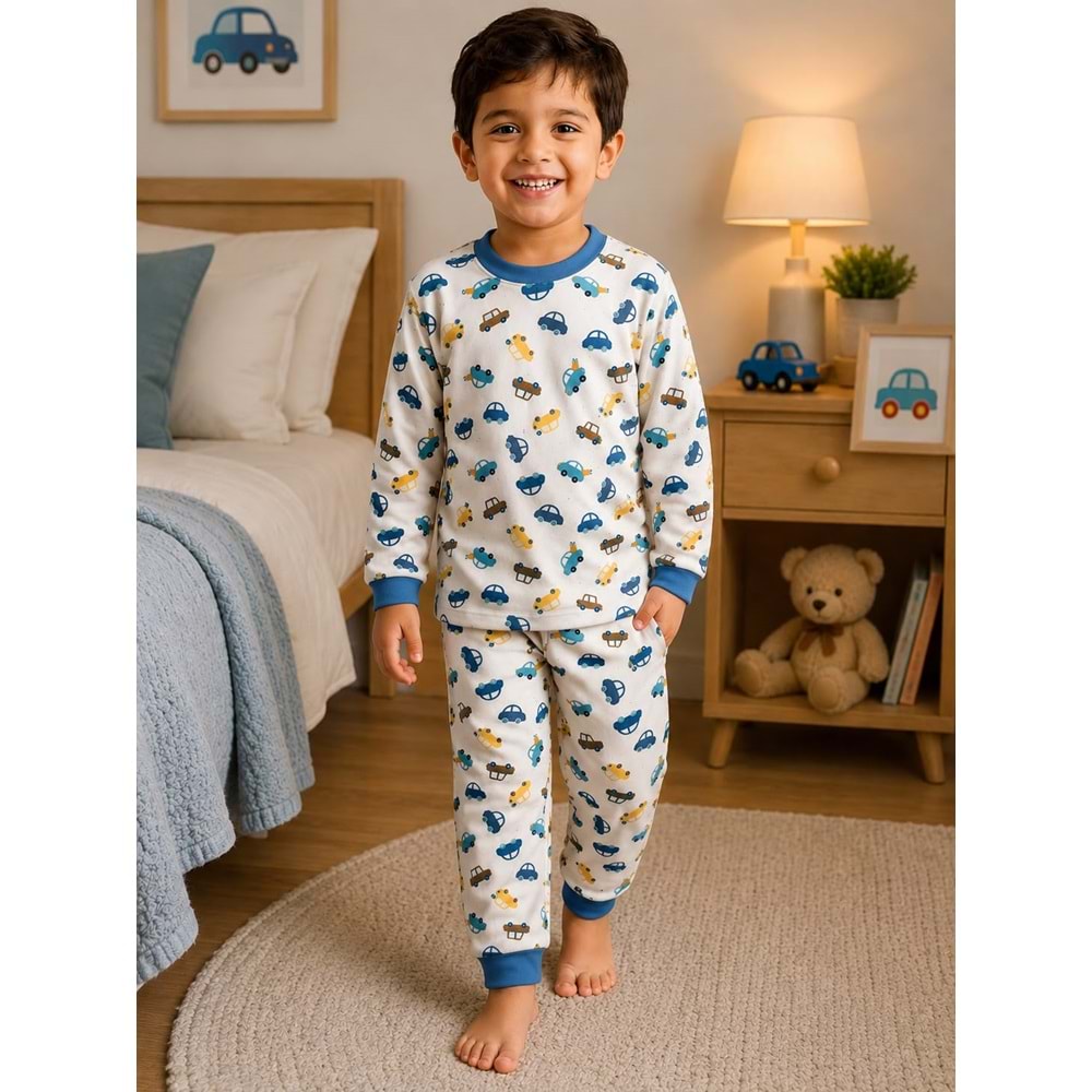 Miniworld Araba Baskılı Sıfır Yaka Erkek 3-6 Yaş Pijama Takımı -BAY17562189 - MAVİ