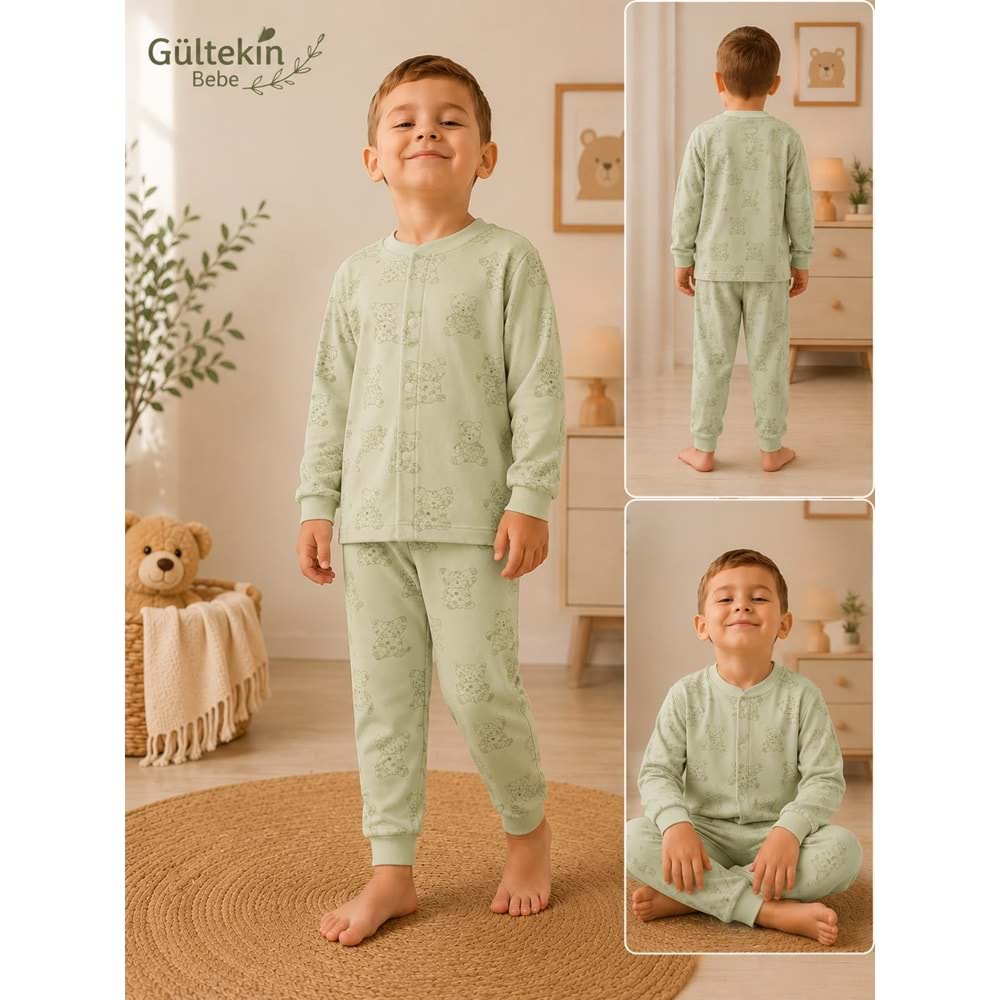 Miniworld Ayıcık Baskılı Çıtçıtlı Erkek 3-6 Yaş Pijama Takımı -BAY17509204 - AÇIK YEŞİL