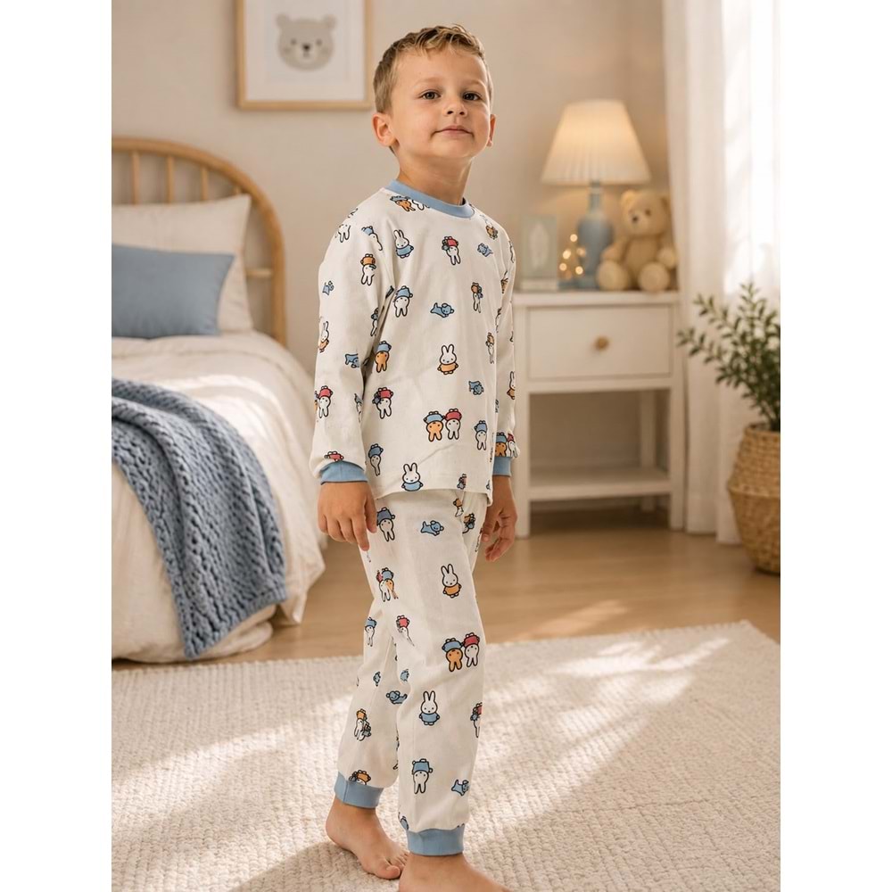 Miniworld Tavşan Baskılı Sıfır Yaka Erkek 6-24 Aylık Pijama Takımı -BAY18735155 - MAVİ