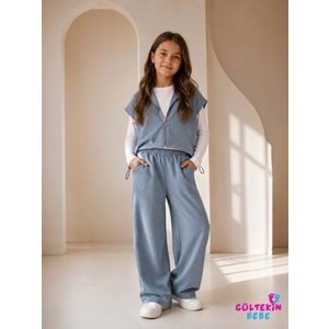 Son Öz Bebe Taşlı Yelekli Üçlü Kız Takım 10-14 Yaş -SO0045875 - MAVİ