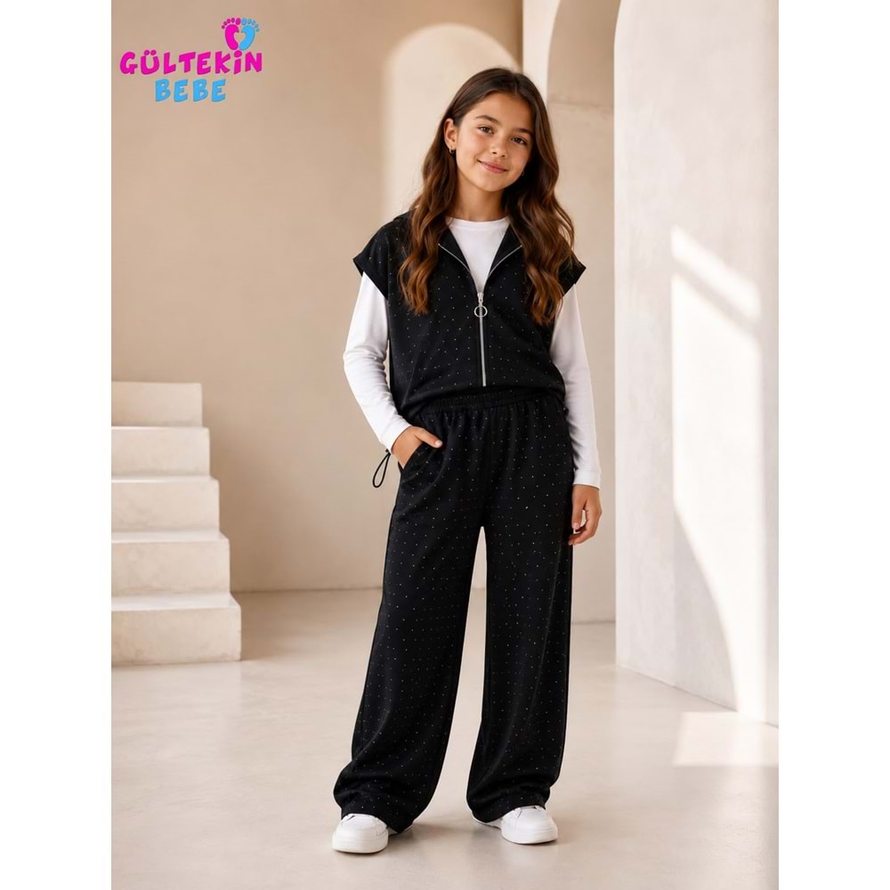 Son Öz Bebe Taşlı Yelekli Üçlü Kız Takım 10-14 Yaş -SO0045875 - SİYAH