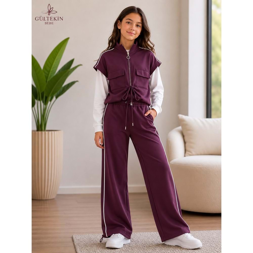 Son Öz Bebe Fermuarlı Yelekli Üçlü Kız Eşofman Takımı 10-14 Yaş -SO0014850 - BORDO