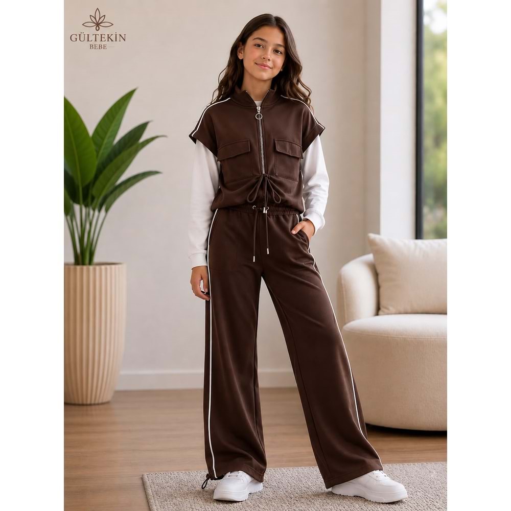 Son Öz Bebe Fermuarlı Yelekli Üçlü Kız Eşofman Takımı 10-14 Yaş -SO0014850 - KAHVERENGİ