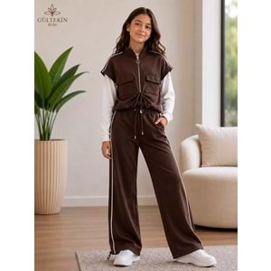 Son Öz Bebe Fermuarlı Yelekli Üçlü Kız Eşofman Takımı 10-14 Yaş -SO0014850 - KAHVERENGİ