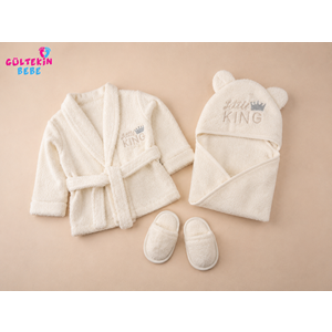 Bebessi Kıng Nakışlı Erkek Bebek Bornoz Seti -CA4243594 - EKRU