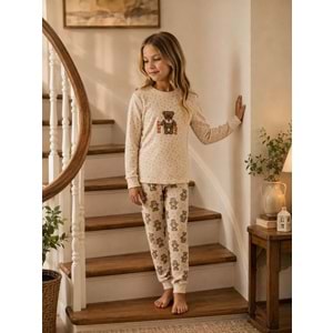 Tarık Ayı Best Nakışlı Waffle Kumaş Kız Pijama Takımı 11-16 Yaş -TA6763320 - KREM