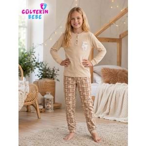 Tarık İnterlok Kumaş Geyik Nakışlı Kız Pijama Takımı 11-16 Yaş -TA6736470 - BEJ